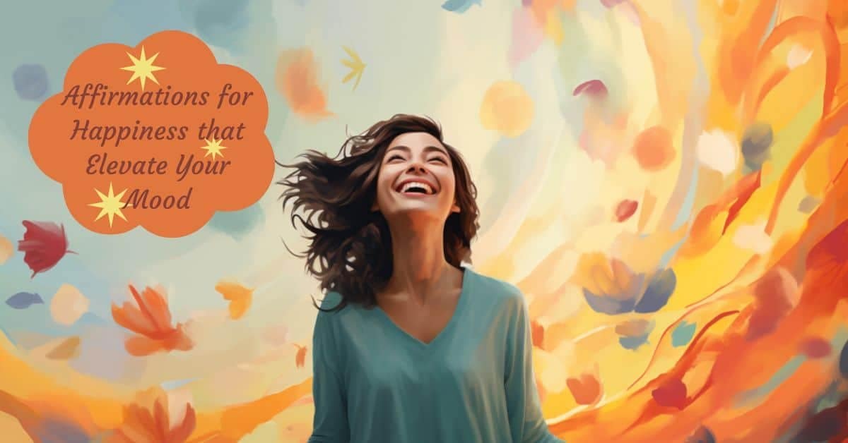 A happy lady with a comment tag Affirmations for Happiness
