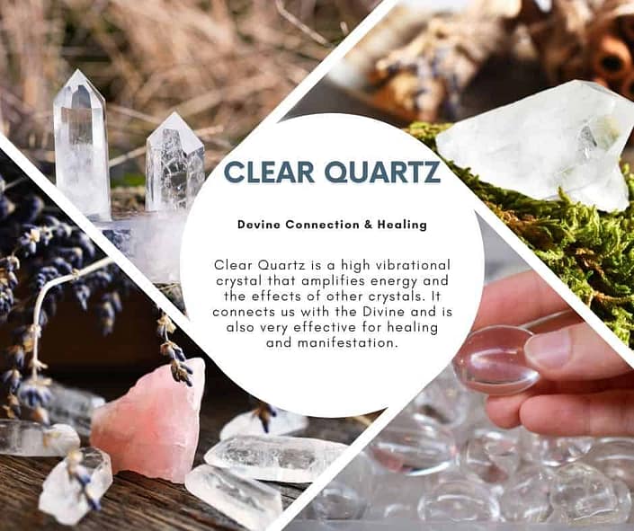 A picture with 4 different types of Clear Quartz crystals and a description of its benefits and how it can help with stress