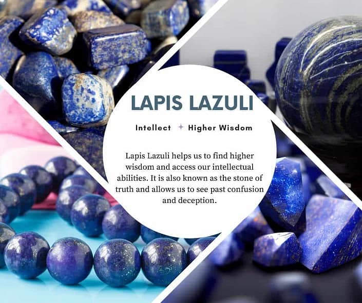 A picture with 4 different types of Lapis Lazuli crystal and a description of its benefits and how it can help with stress