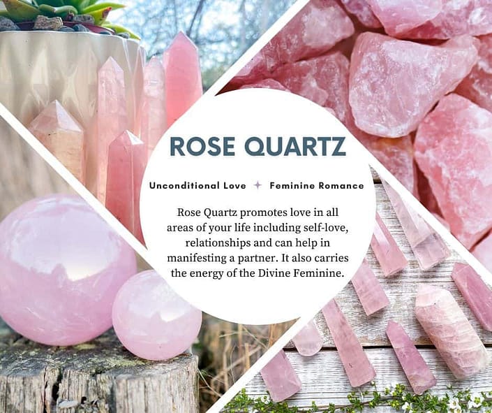 A picture with 4 different types of Rose Quartz crystal and a description of its benefits and how it can help with stress