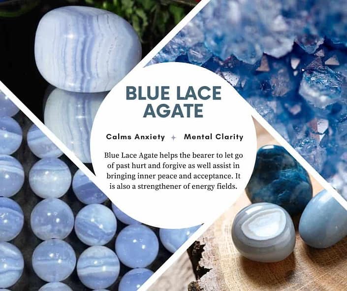 A picture with 4 different types of Blue Lace Agate crystal and a description of its benefits and how it can help with stress