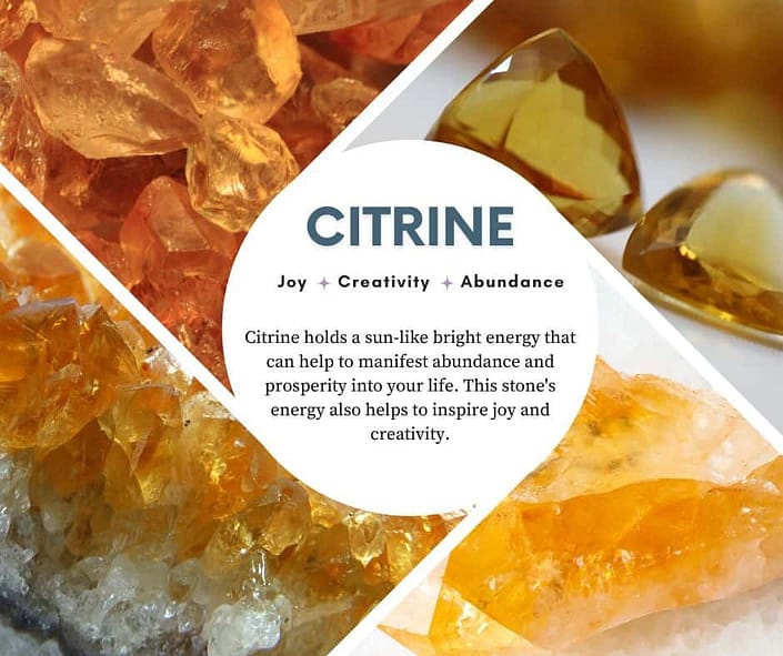 A picture with 4 different types of Citrine crystal and a description of its benefits and how it can help with stress