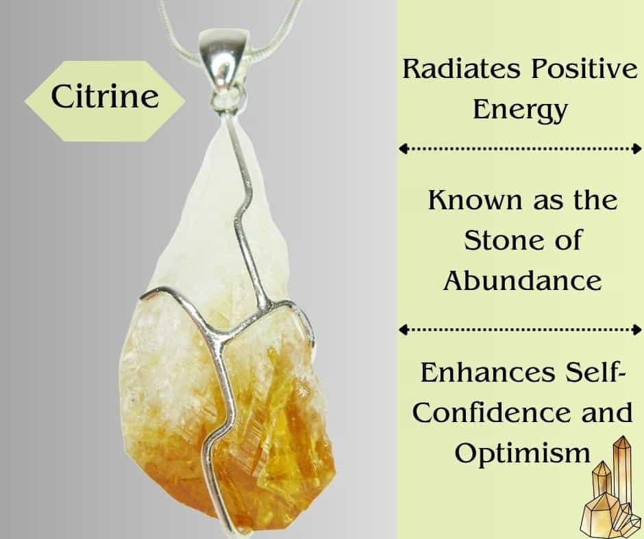 A picture of a Citrine necklace with words saying that Citrine is known as the stone of abundance and that it enhances self confidence and optimism