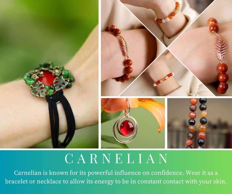 A collage of images of the Carnelian crystal in bracelets and necklaces