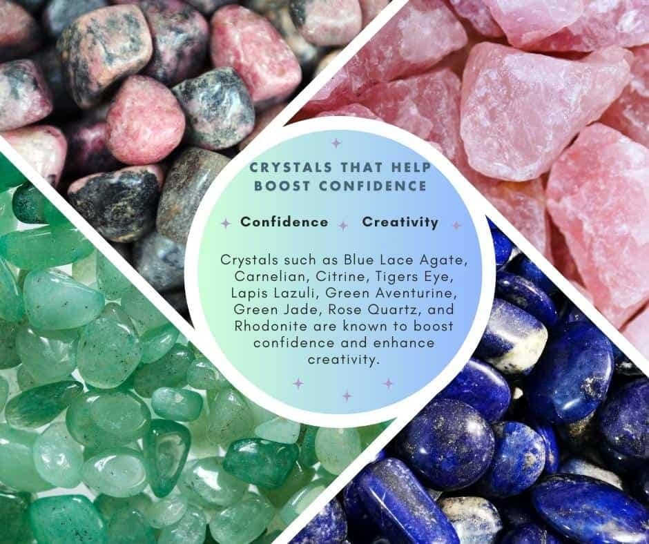 A photo collage of crystals that help boost confidence