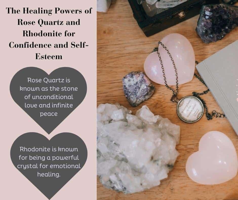 A picture with rose quartz hearts and Rhodonite for self confidence and self-esteem
