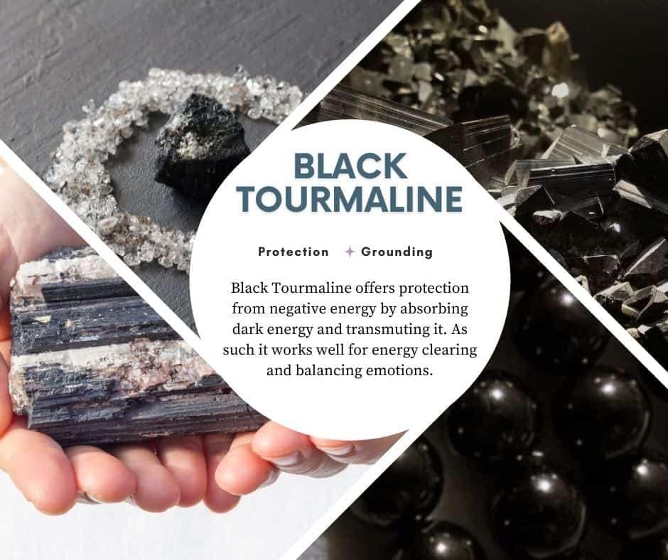 A picture with 4 different types of crystal Black Tourmaline and a description of its benefits and how it can help with stress
