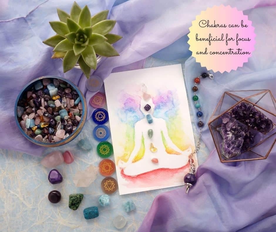 A picture of the seven chakras and a speech bubble with text explaining the benefits of chakras for focus and concentration