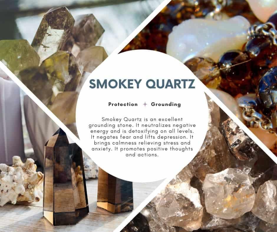 A picture with 4 different types of Amethyst crystal and a description of its benefits and how it can help with stress